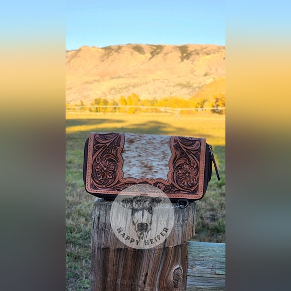 Western Floral Handtooled Leather and Cowhide Wallet - Picture 1 of 5